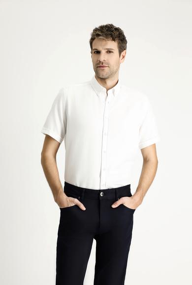 Erkek Giyim - BEYAZ M Beden Kısa Kol Regular Fit Çizgili Pamuklu Gömlek