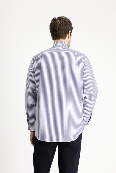 Erkek Giyim - ORTA LACİVERT L Beden Uzun Kol Regular Fit Çizgili Pamuk Gömlek