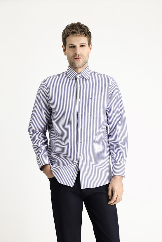 Erkek Giyim - Uzun Kol Regular Fit Çizgili Pamuk Gömlek