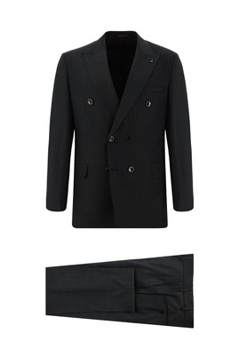 Slim Fit Dar Kesim Çizgili Yünlü Kruvaze Takım Elbise