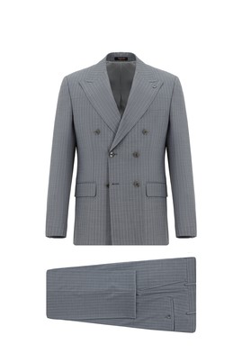 Slim Fit Dar Kesim Yünlü Çizgili Kruvaze Takım Elbise