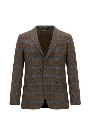 Super Slim Fit Ekstra Dar Kesim Yünlü Keten Karışımlı Ekose Ceket