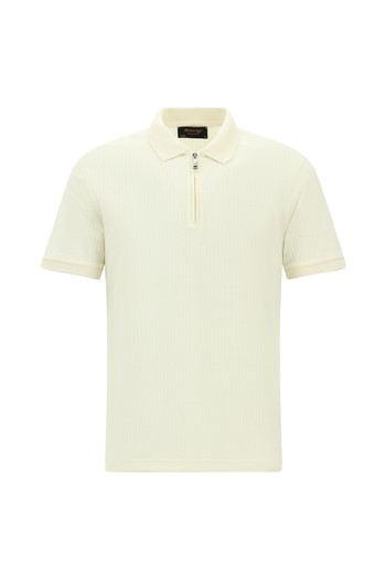 Slim Fit Dar Kesim Fermuarlı Nakışlı Pamuk Desenli Polo Yaka Tişört
